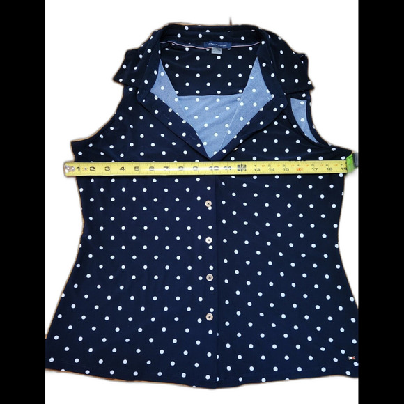 Tommy Hilfiger Navy Blue White Polka Dot Button Down Top Tank Blouse Sz M - Picture 7 of 8